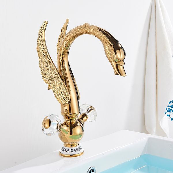 Robinet de bassin de cygne doré de luxe Robinet de salle de bain monté de salle de bain mélangeur à eau chaude et à eau du bain du bain de bain du bassin d'eau lavabo
