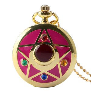 Luxe Gouden Animatie Horloges Janpanese Cosplay Sailor Moon Star Quartz Zakhorloge met Ketting Ketting Mannen Vrouwen Gift