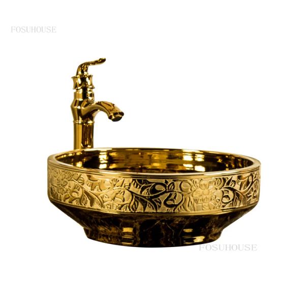 Luxury Golden Baithip Finces de baño Simples Baño de cerámica Fregadero de cerámica para el hogar