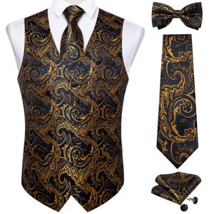 Luxe Golden Black Paisley Silk Men Pak Vest Tie Set Wedding Prom Tuxedo Wilat met Bow Groom Vesten kleding 240507