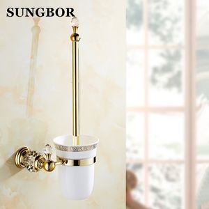 Soporte de cepillo de baño de cristal de latón de estilo europeo dorado de lujo, cepillo de baño chapado en oro Productos de baño Accesorios de baño Y200407