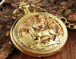 Luxury Golden Flower Deer Curving Design Mechanical Pocket Watch FOB TAILLE CHATE CROVE SKEPUNK SKELETON Hand Wind Mens Clock7483663