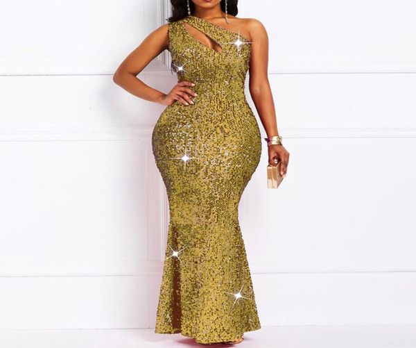 Luxury Golden Reflective Sexy Sequins Dress Women One Shoulder Plus Tamaño elegante Damas Bodycon Long Night Party Club Vestidos Y23373497