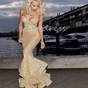 Luxe Gouden Pailletten Avondjurk 2024 Spaghettibandjes Zeemeermin Zwarte Meisjes Galajurk Met Ruches Tot de Grond Plus Size Formele Verjaardagsfeestje Jurk Vestidos