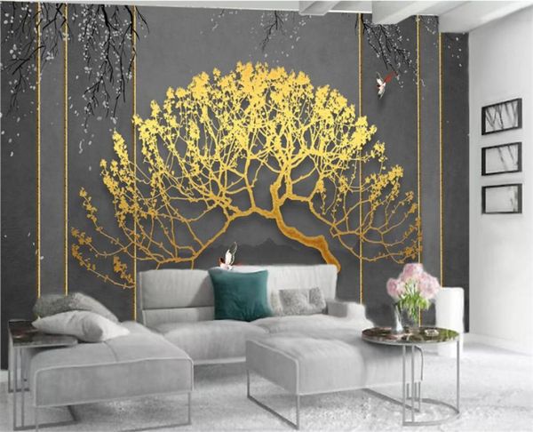 Papier peint de luxe avec arbre doré, revêtement Mural, salon, chambre à coucher, paysage romantique, décoration de maison, peinture murale, 1376181