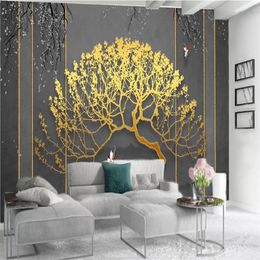 Papel tapiz de árbol dorado de lujo para sala de estar, dormitorio, paisaje romántico, decoración del hogar, pintura, Mural, papel tapiz