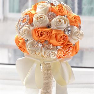 Ramos de novia de boda preciosos de lujo elegante perla novia flor ramo de boda hecho a mano cinta de cristal naranja WF036OG292w
