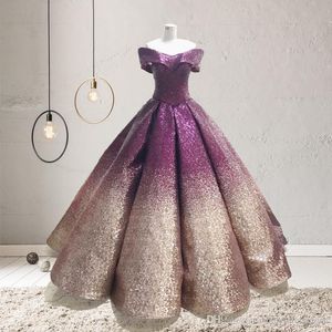 Luxe gradiënt kleur pailletten baljurken quinceanera jurken van de schouder ruches sweep trein prinses vloer lengte avond prom jurken
