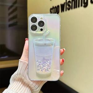 Luxury gradiënt regenboog melkthee -cup case voor iPhone 14 13 12 11 pro max bling diamant citroen vloeistof drijfzand glitter transparante deksel