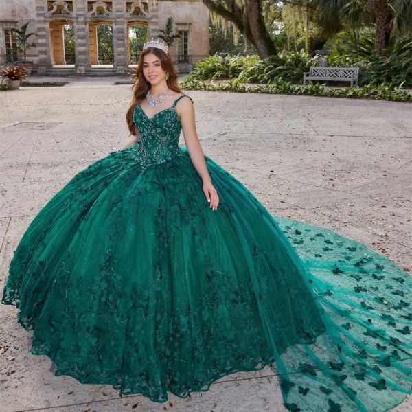 Luxe vert papillon Quinceanera robes appliques robe de bal Cape perles doux 16 robe Corset détachable train longue princesse robes d'occasion spéciale