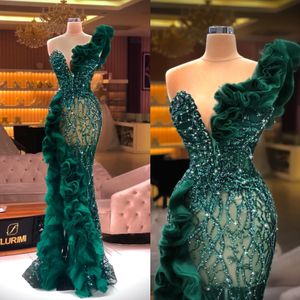 Luxe groene kristal zeemeermin avondjurken elegante zijsplites tule prom jurk glitter pailletten kralen op maat gemaakte formele jurken voor vrouwen