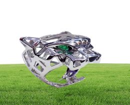 Anillo de dedo de Plata de Ley 925 con cabeza de leopardo y circonita de ojos verdes de lujo, joyería de plata hueca para fiesta y boda con Animal Pantera J011284476468099