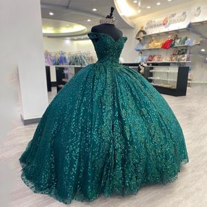 Luxe groen glinsterende off-shoulder quinceanera-jurken Vestidos de 15 anos verjaardagsapplique kanten feestbal jurk corset
