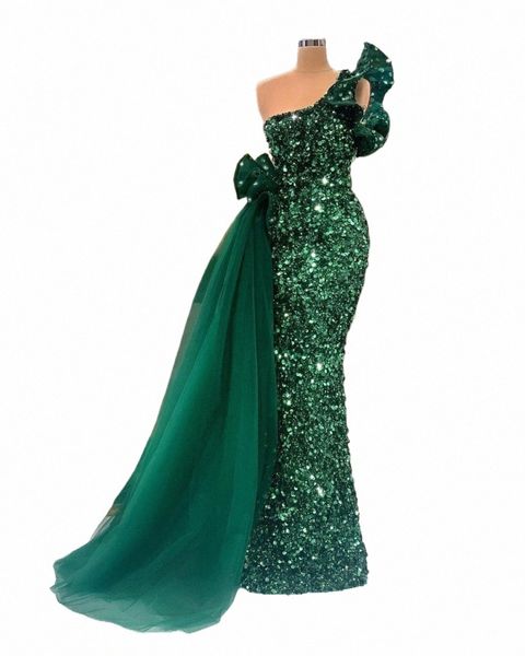 Vestidos de noche de lujo con lentejuelas verdes para mujer, falda desmontable, falda desmontable, sirena, hombros descubiertos, bata 2023 Q3BO #