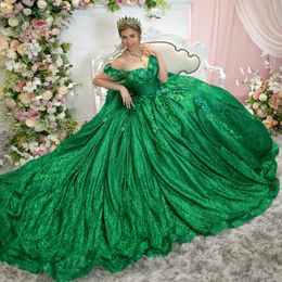 Vestido para quinceañeras brillante verde de lujo, vestido de baile de princesa, cola de capilla, capas de flores con volantes, vestido de fiesta de cumpleaños de 15 y 16 años, Gala 2024
