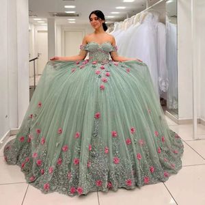 Luxe vert doux Quinceanera robes pour les filles du mexique 3D fleurs chérie gland 15 fête d'anniversaire Robe De Bal Robe De Bal