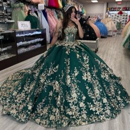 Luxe vert chérie Quinceanera robes or dentelle appliques hors de l'épaule douce 16 robe vestido de 15 anos robes de bal