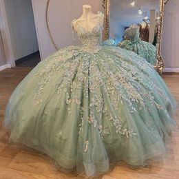 Luxe Groene Sweetheart Quinceanera Avondjurk 2024 Applique Kant Tull Baljurk Sweep Trein Boog Prom Dress vestidos de 15