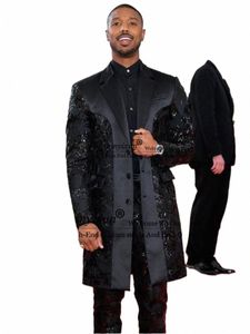 Tuxedos de marié de luxe Noir Shinny Appliques Paillettes Costumes de mariage pour hommes 2 pièces Ensembles Lg Prom Blazers Costume de marié Homme 36cP #