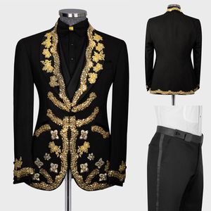 Luxe Bruidegom Dragen Voor Prom Mannen Trouwkostuum Sjaal Revers Jas Applicaties 3 Stuks Custom Made (Blazer + broek + Vest)