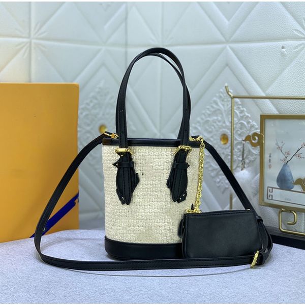 Bolso de lujo Raffia Nano Bucket Tote de Pool modisto Bolso de hombro Monedero con estampado de letras negras Mini bolso de cubo bolso de compras para mujer al por mayor