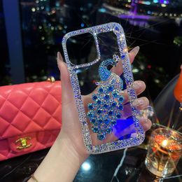 Luxe handgemaakte 3D Peacock Bling Bling Glitter Diamond Clear Cases voor iPhone 15 14 13 12 11 Pro Max XR 8 Plus Samsung S21 Fe S22 S23 Ultra A04 A24 A24 A34 A54 A04E A13 A33 A53