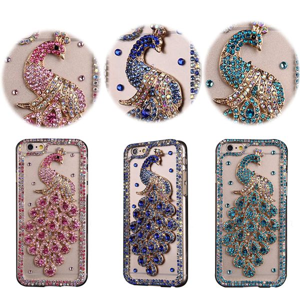 Lujo hecho a mano 3D Peacock Bling Glitter Diamond Clear TPU Fundas para PC para iPhone 13 12 11 Pro Max XR 8 Plus Samsung S21 FE S22 Ultra A13 A33 A53 A12 A52 A72 A22 A32