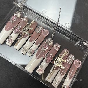 Luxe handgemaakte 3XL lange doodskist valse nageltips glitterstrass acryl pers op nagels Y2K herbruikbare XXL nepnagel met lijm 240104