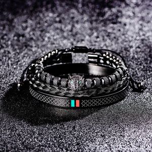 Luxe handgemaakte vlechten armband Mannen effenen cz luipaard hoofd email Green Red Red Bracelet roestvrijstalen sieraden