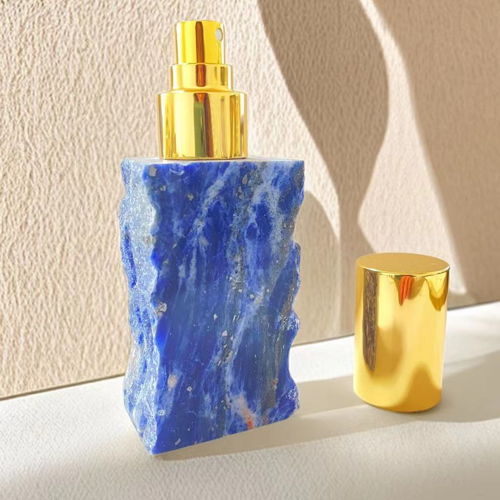 Lüks el yapımı kristal çiğ taş parfüm şişe pembe gül kuvars aromaterapi losyon şişesi mavi şerit taş parfüm dağıtıcı sprey şişe güzellik ürünleri