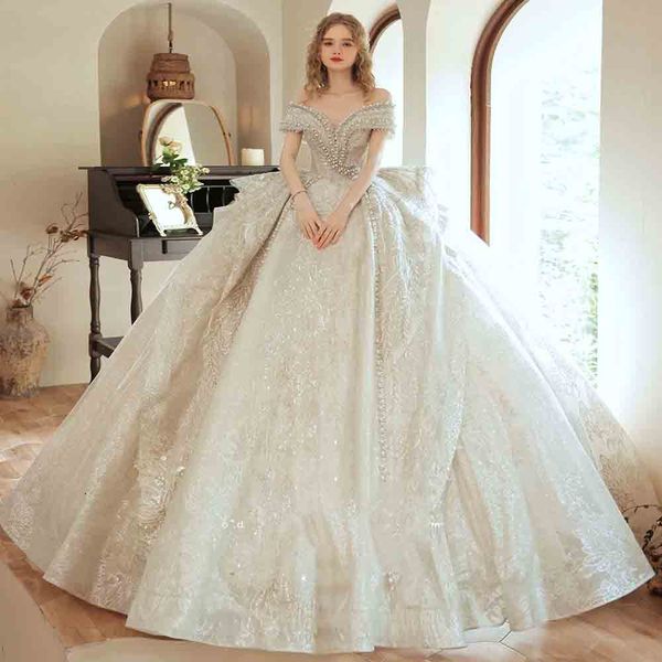 Luxe lourd perlé arabe robe de mariée robe de bal perles scintillantes paillettes princesse robes de mariée 2022 perles à lacets mariée Dubaï église pays vestidos de novia