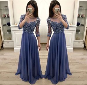 Luxe zware kralen kristallen blauwe prom jurken lange elegante chiffon lange mouw avond feestjurken vestidos de gala