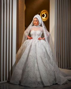 Luxe hoge kraag moslim trouwjurken Dubai baljurk puff lange mouwen pailletten Saoedi -Arabische bruidsjurken Vestido de novia