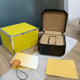 Luxe high-end horlogekast, hoogwaardige zwarte doos, handmatig certificaat van kunststof keramisch leermateriaal, gele houten buitenverpakking, horlogeaccessoires, horlogekast