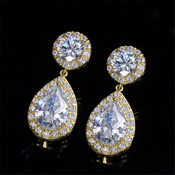 Pendientes de diseñador de gota de agua de gama alta de lujo Pendientes de dijes de joyería Blanco AAA Zirconia cúbica Cobre Oro rosa Pendiente de plata para mujer Regalo de novia de boda