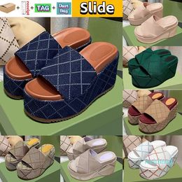 Luxe hoge hak slippers wigplatform dia sandalen dames schoenen strand diepblauw baksteen rood beige ebony groene lila crème jumbo logo canvas zomer slipper