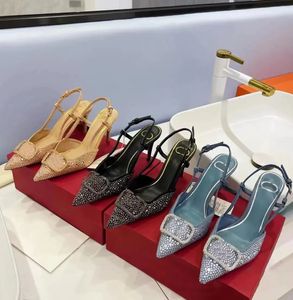 Sandales de luxe à talons à talons hauts pour les chaussures pointières de créateur d'été pour femmes classiques or Rhin-Diamond Metal Buckle 4,5 cm 7,5 cm