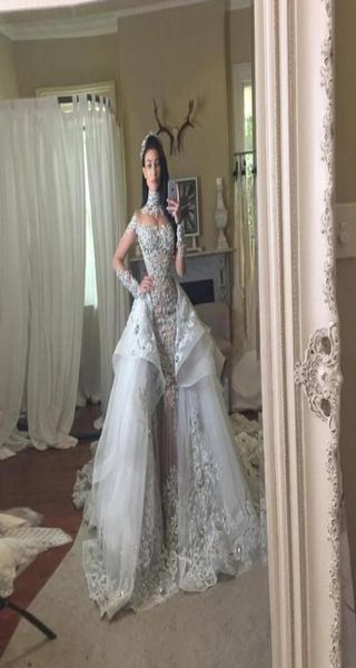 Vestidos de novia de cristal de cuello alto de lujo con una sobrecargada desmontable manga larga apliques con cuentas vestidos de novia de sirena wome6450184