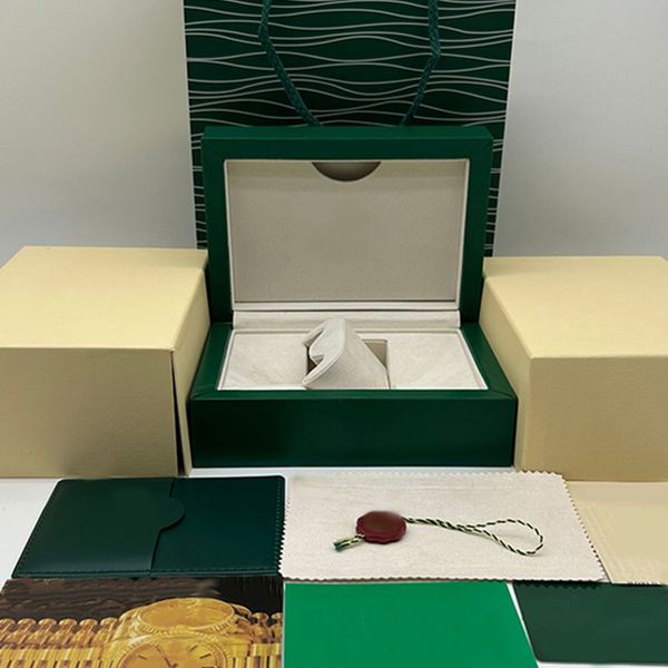 Caja de reloj verde de lujo de alta calidad, certificado de bolsa de papel, caja de fábrica de relojes de madera verde para hombres y mujeres, caja de reloj de lujo con accesorios, caja de reloj de nivel superior