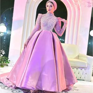 Robe de bal de luxe Hijab pour femmes, col haut, manches longues, perles, occasions spéciales, plissée, robes formelles musulmanes