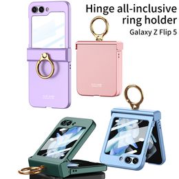 Funda de teléfono Vogue con protección con bisagras de lujo para Samsung Galaxy Z plegable Flip5 5G, protección completa duradera, parachoques suave, carcasa plegable de color sólido con soporte para anillo de dedo