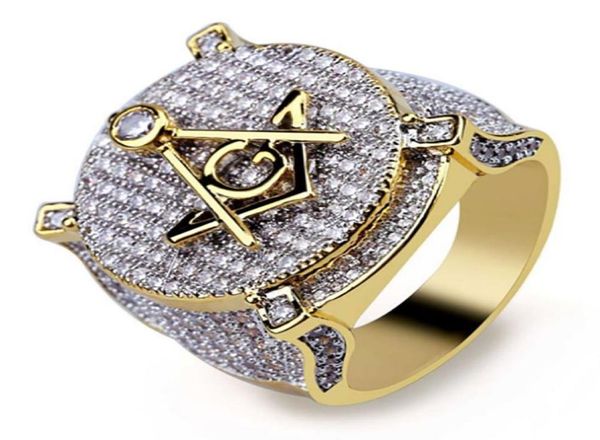 Luxe Hip hop maçon Symbole Anneaux Maçonniques Hommes Micro Pave Zircone Cubique Bling Bling Diamants Simulés Bague Plaquée Or 18 Carats8849740