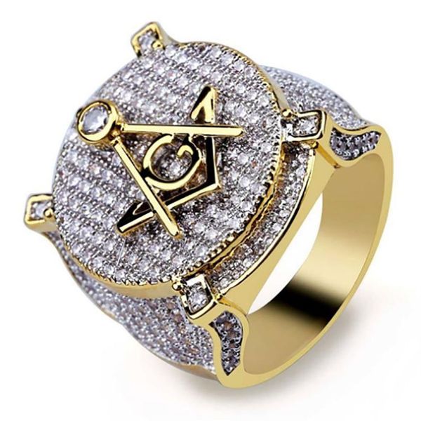 Luxe Hip hop maçon Symbole Anneaux Maçonniques Hommes Micro Pave Zircone Cubique Bling Bling Diamants Simulés Plaqué Or 18 Carats Ring237f