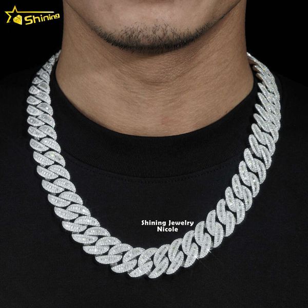 Luxury Hip Hop Style Baguette Diamond de 19 mm Miami Cubano Collar 925 Cadena cubana de plata esterlina