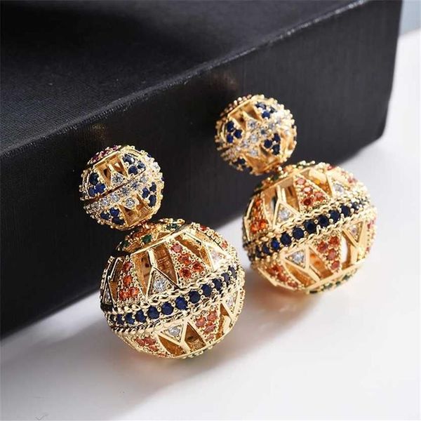 Luxe creux concepteur coloré Zircon deux côtés boule boucles d'oreilles Vintage Enthic bijoux pour les femmes cadeau de fête Zk30 220125256Y