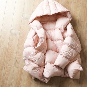 Luxe À Capuche Chaud Femmes Vers Le Bas Manteau Surdimensionné 90% Duvet D'oie Remplissage Court Bulle Parkas Couvert Bouton Solide Couleur Puffer Veste 211007