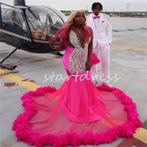 Luxe Hot Pink Feather Galajurk 2024 Elegante Nigeriaanse Zwarte Meisjes Plus Size Zeemeermin Avondjurken Diamond Crystal Formele Verjaardagsfeestje vestidos De Gala Elegant