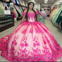 Luxe rose vif fleurs Quinceanera robes seize robe de fête d'anniversaire Charro robes De xv débutante mexicaine épaules dénudées robe de bal doux 16 robe élégante 2024