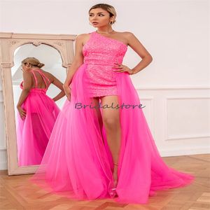 Robe de soirée de luxe à paillettes rose vif avec train détachable 2 en 1 robe de bal haute basse 2023 une épaule courte bleu royal cocktail vestios de fiesta robes de soirée