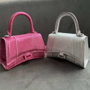 Luxe zandloper ingelegde strass Diamond Bags dames glinsterende heren koppeling crossbody schouderband echte lederen roze portemonnee ontwerper handtas tas parel licht